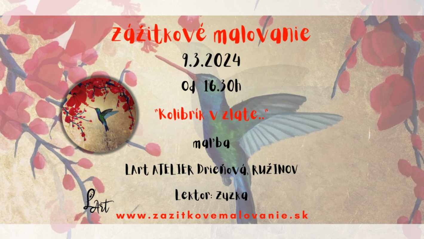 Zážitkové maľovanie- "Kolibrík v zlate..."- akryl maľba, okrúhle plátno