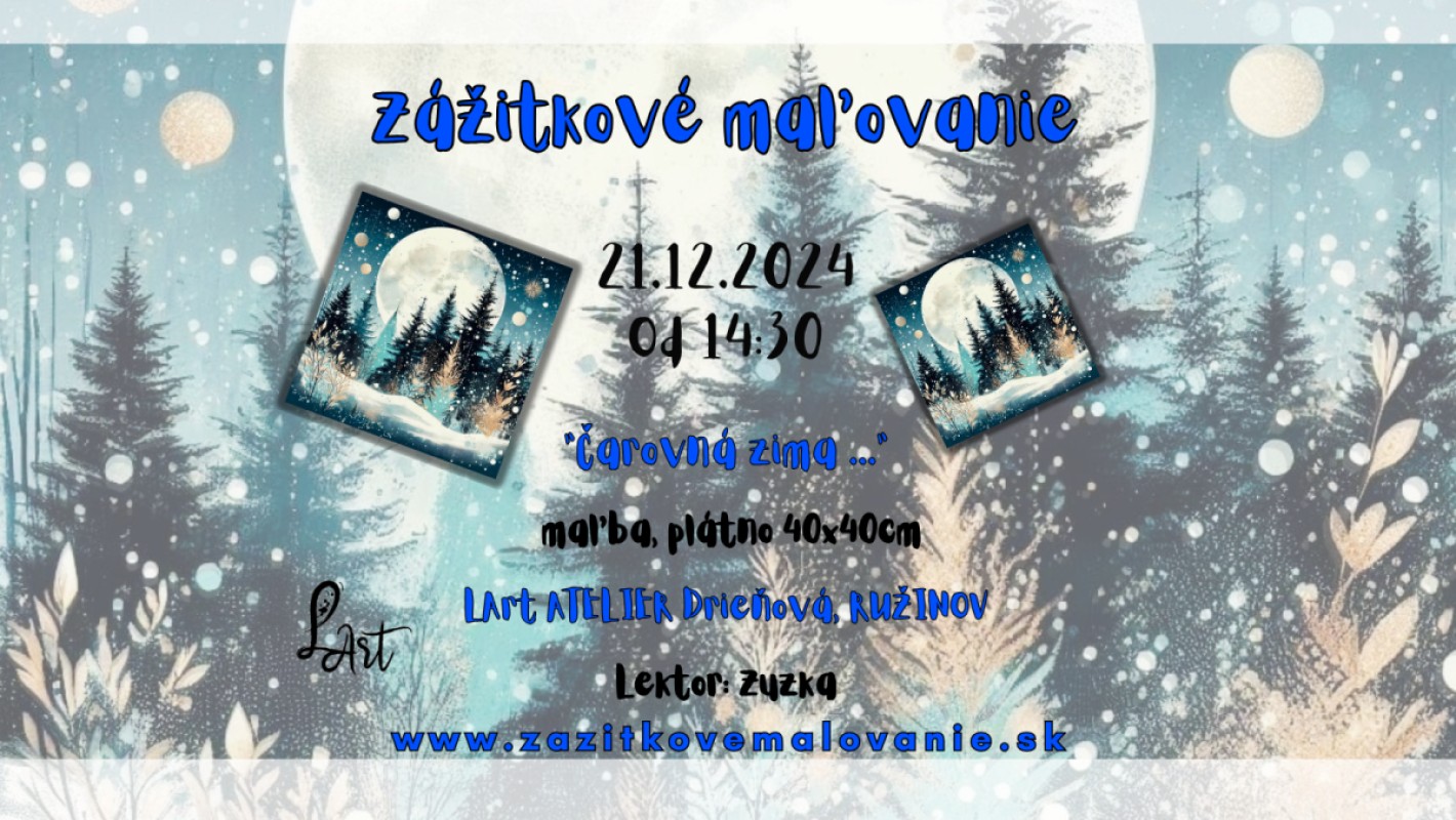 Zážitkové maľovanie- "Čarovná zima  ..." Snová maľba na plátno 40x40cm