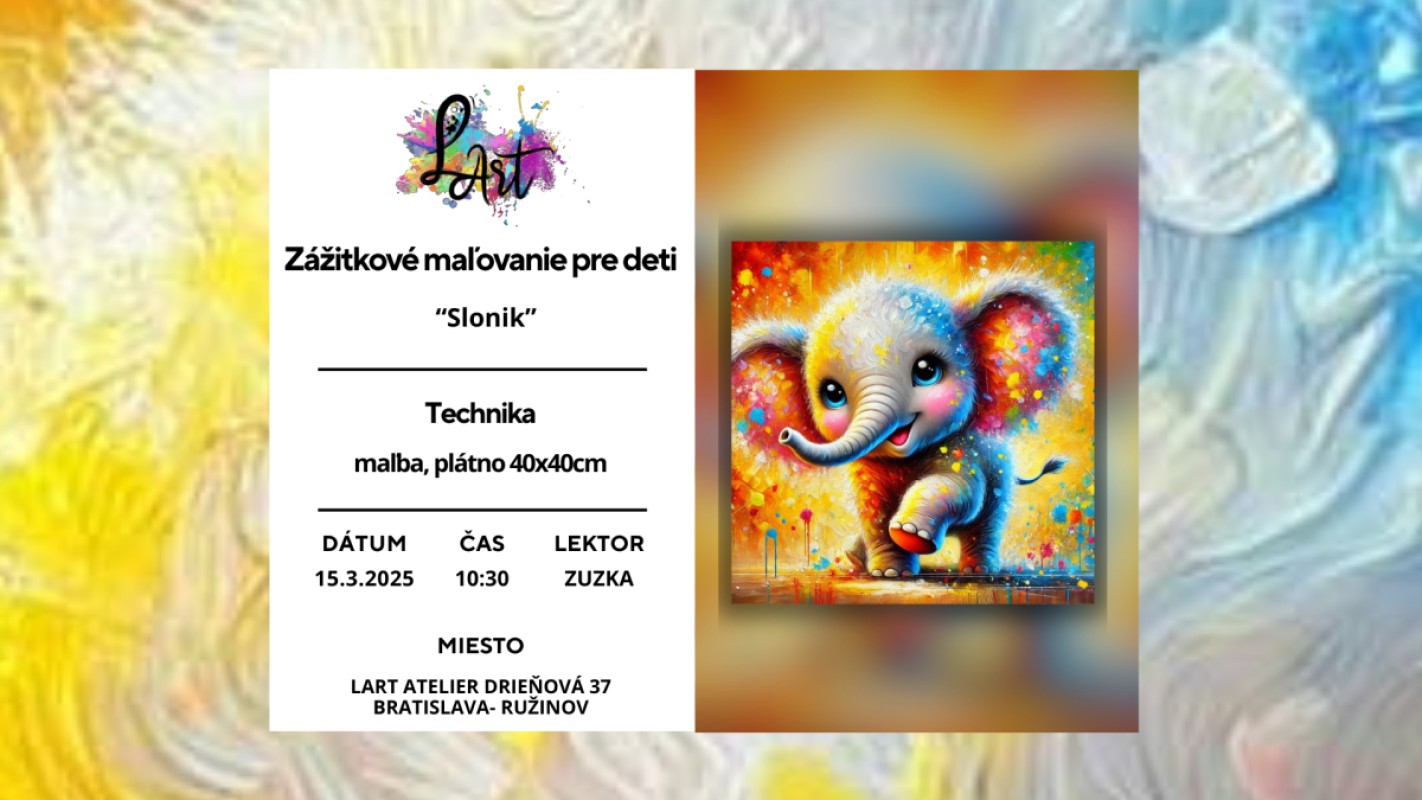 VYPREDANÉ! Zážitkové maľovanie pre Deti- "Sloník..." maľba na plátno 40x40cm
