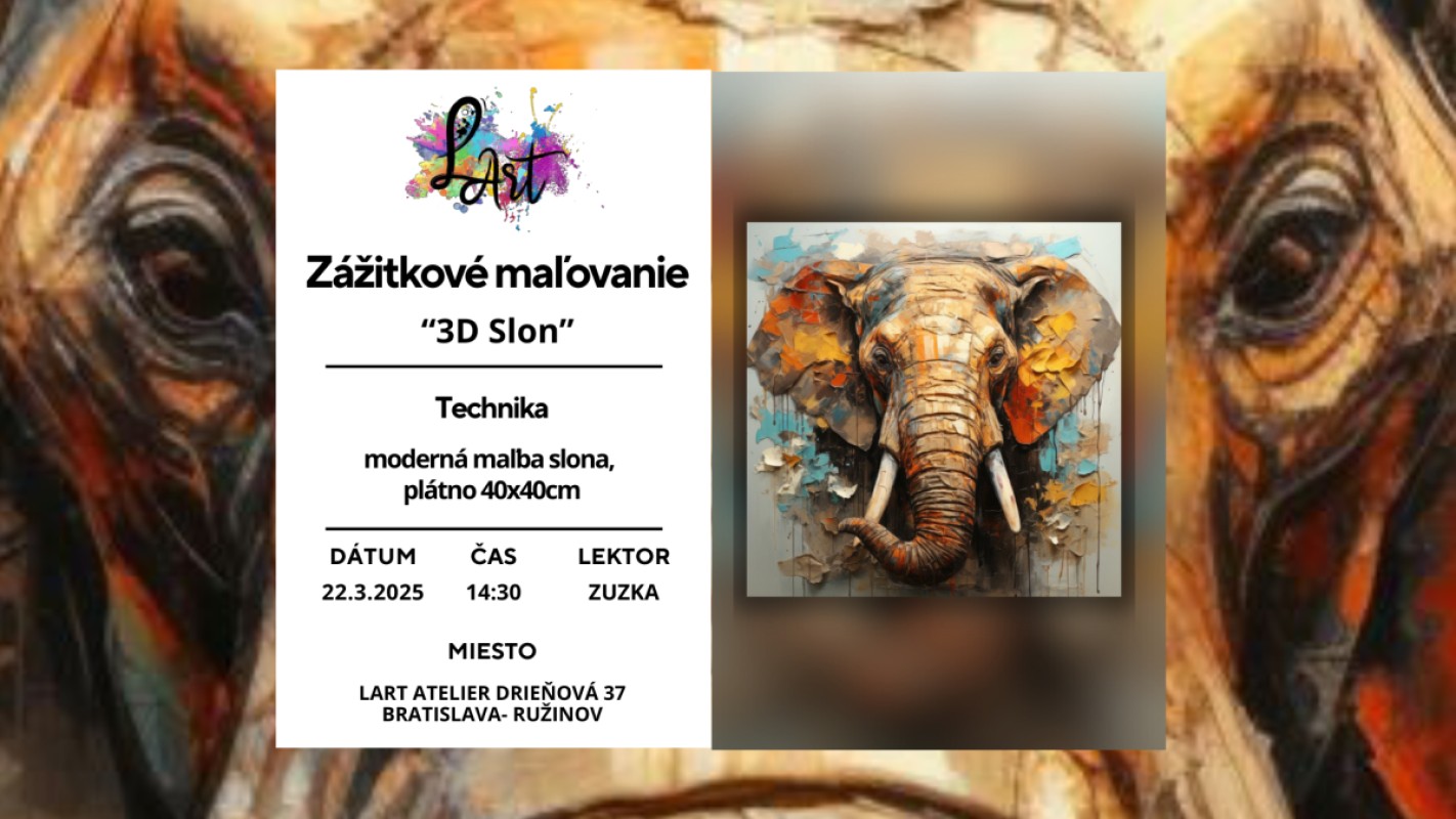 Zážitkové maľovanie - "3D Slon…" moderná maľba slona, plátno 40x40cm