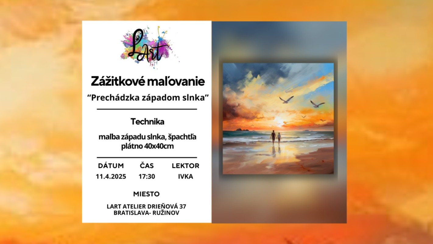 Zážitkové maľovanie - "Prechádzka západom slnka..." maľba západu slnka, špachtľa, plátno 40x40cm