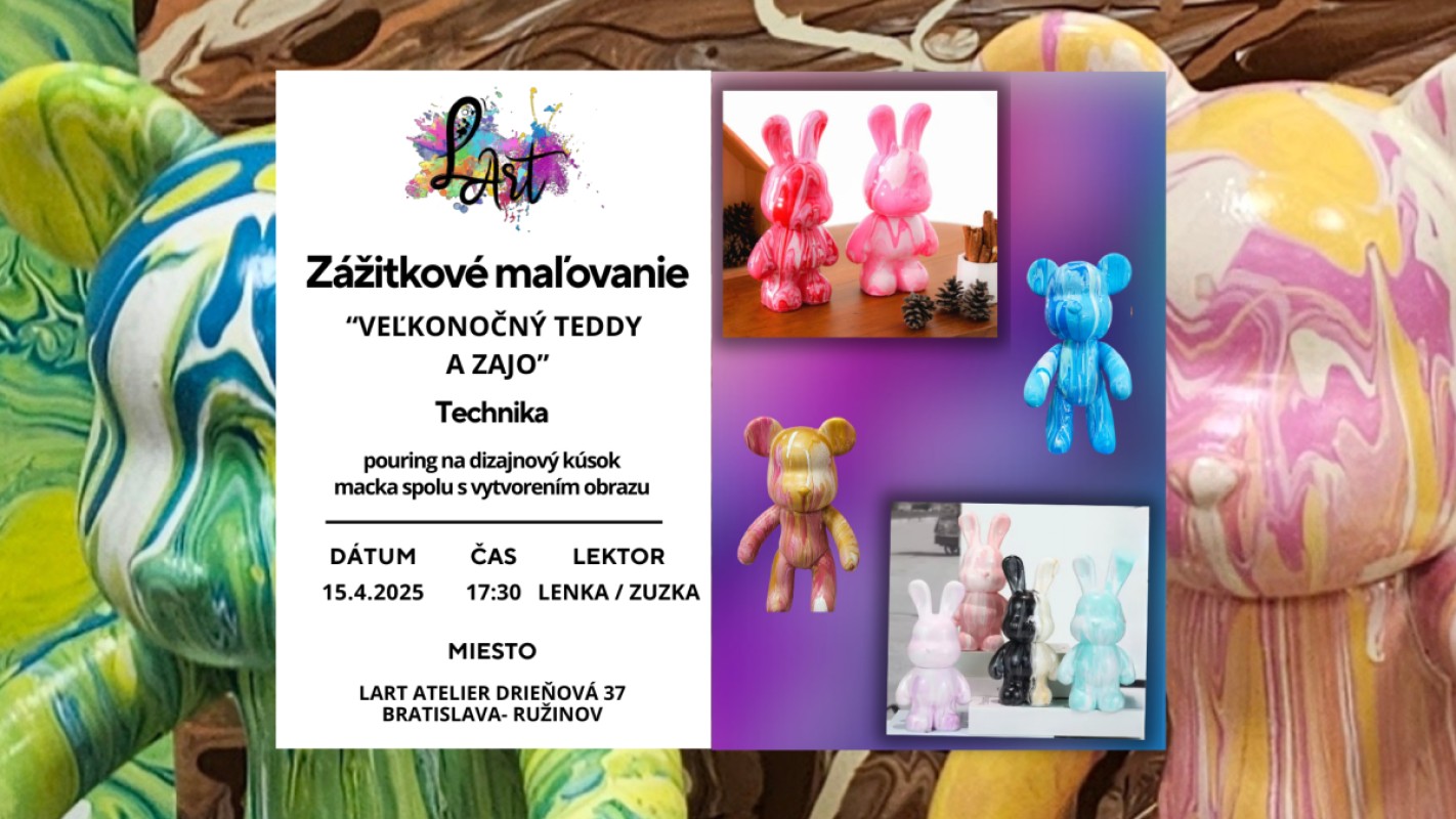 VYPREDANÉ!! Zážitkové maľovanie - "Veľkonočný Zajo a Teddy…" Pouring na dizajnový kúsok macka alebo zaja spolu s vytvoreným obrazu