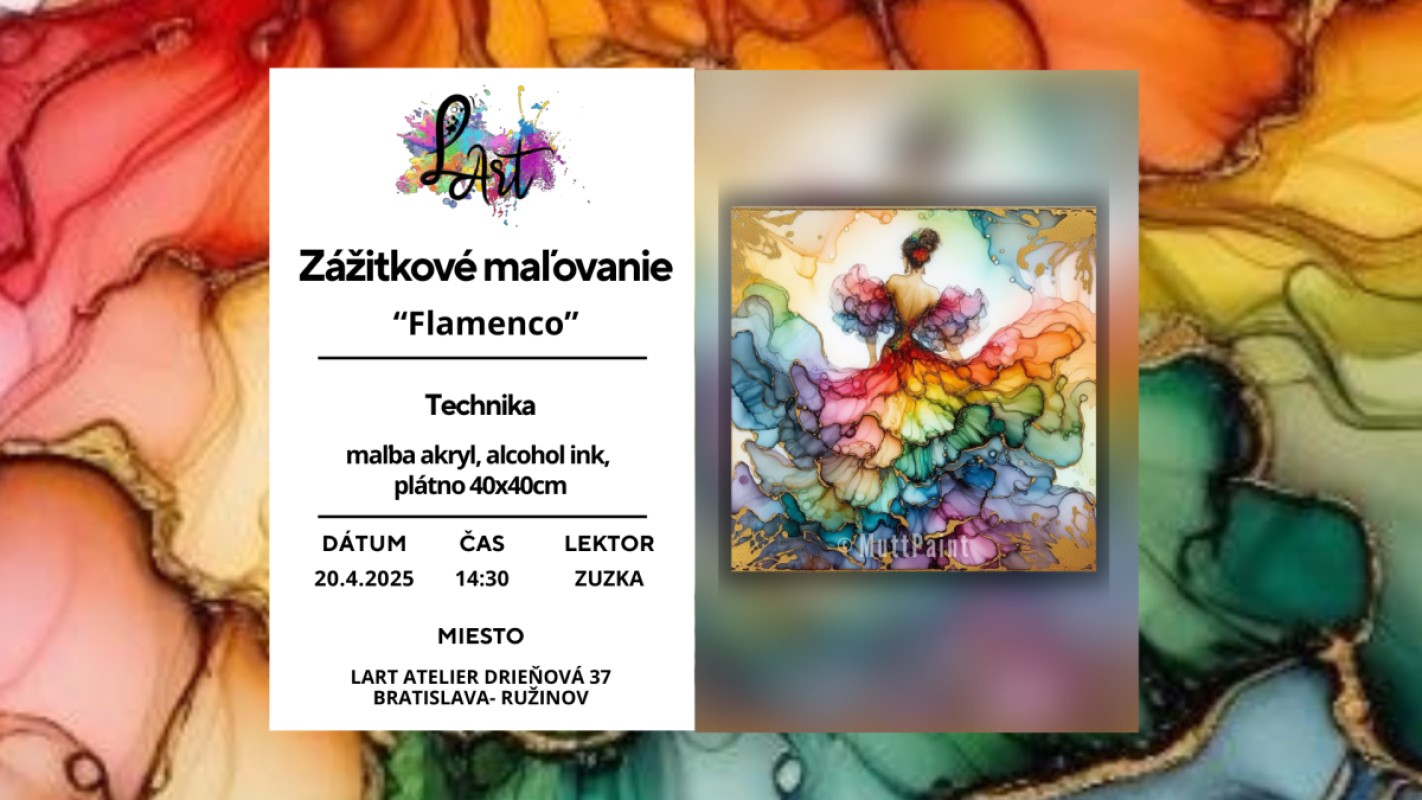 Zážitkové maľovanie - "Flamenco…" Maľba akrylom, alcohol ink, plátno 40x40cm