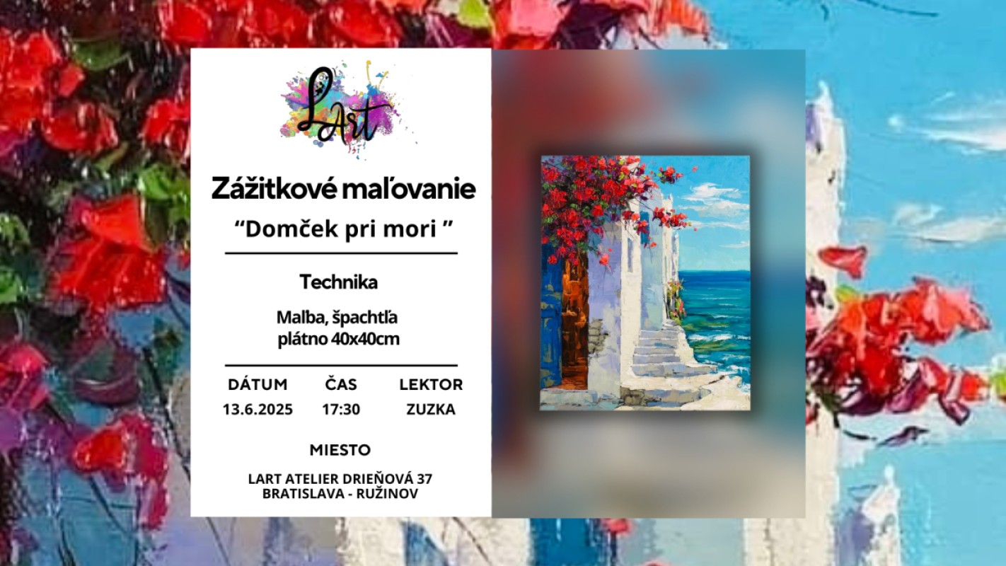 Zážitkové maľovanie – „Domček pri mori…“ maľba, špachtľa na plátno 40x40cm