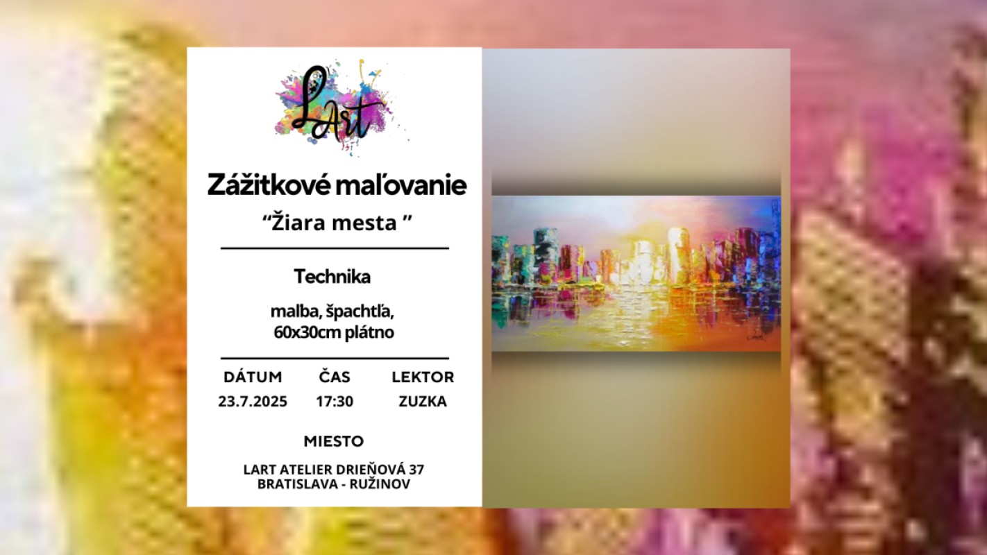 Zážitkové maľovanie – „Žiara mesta…“ maľba, špachtľa, na plátno 60x30cm