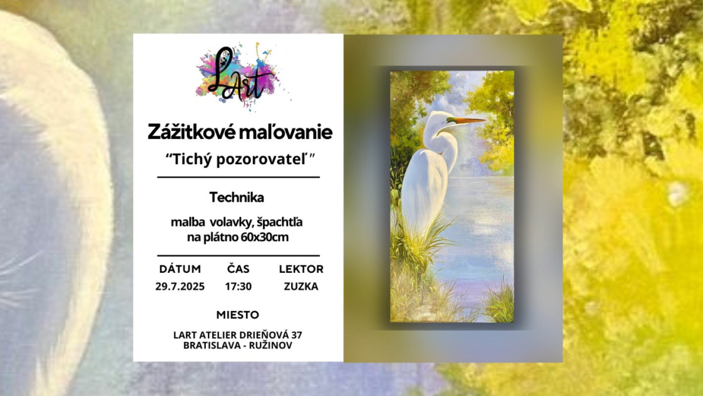 Zážitkové maľovanie – „Tichý pozorovateľ…“ maľba volavky, špachtľa, na plátno 60x30cm