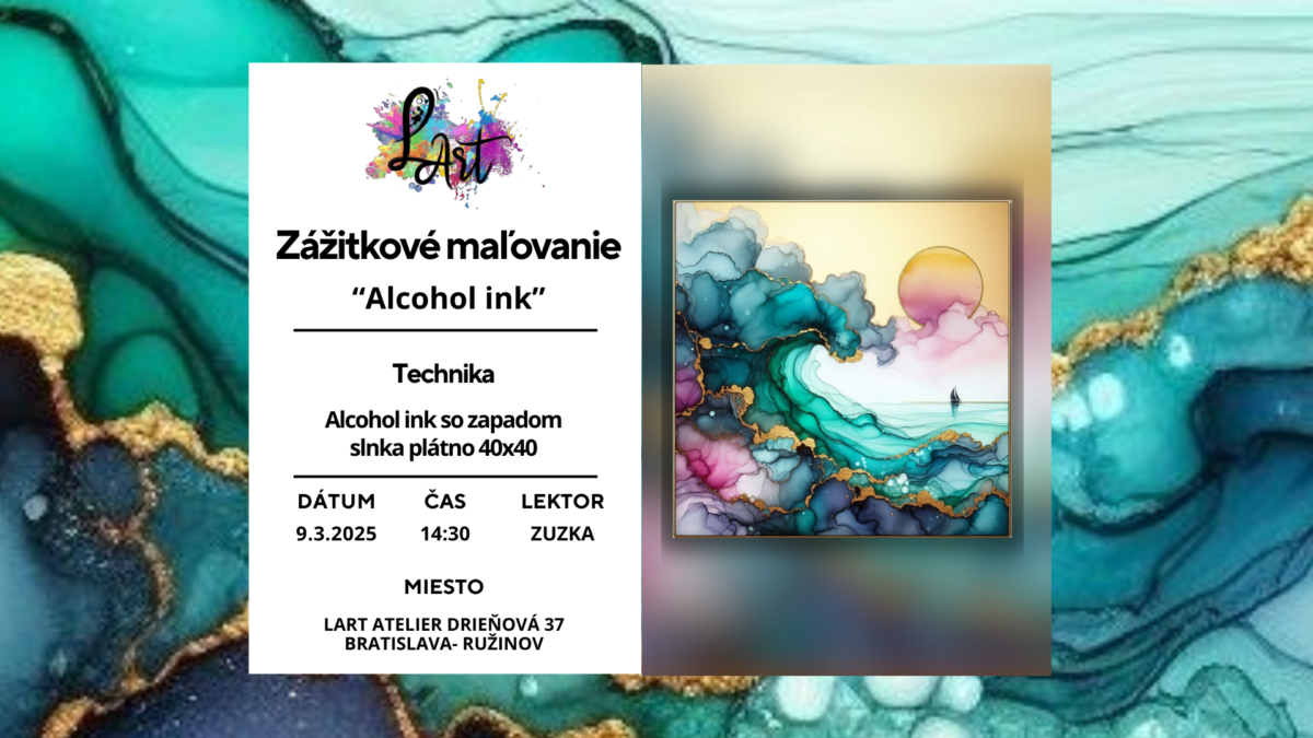 VYPREDANÉ!! Zážitkové maľovanie - "Alcohol ink…" alcohol ink so západom slnka na plátno 40x40cm