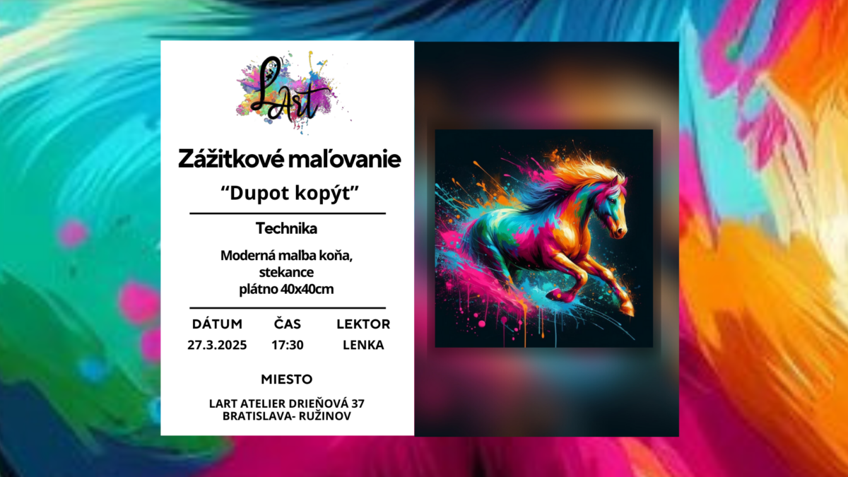 Zážitkové maľovanie - "Dupot kopýt…" moderná maľba koňa, stekance, plátno 40x40cm